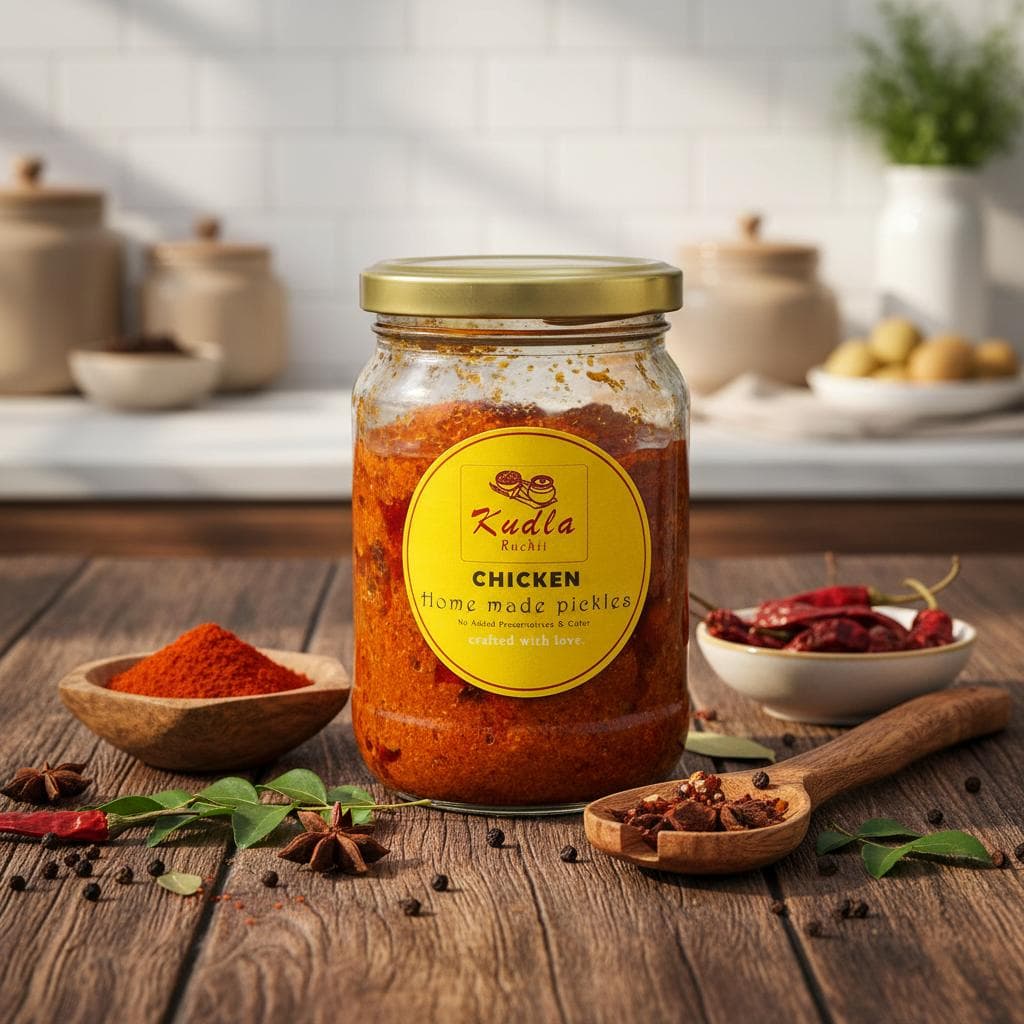 A glass jar of Natin Foods homemade chicken pickle beside dried chillies and whole spices